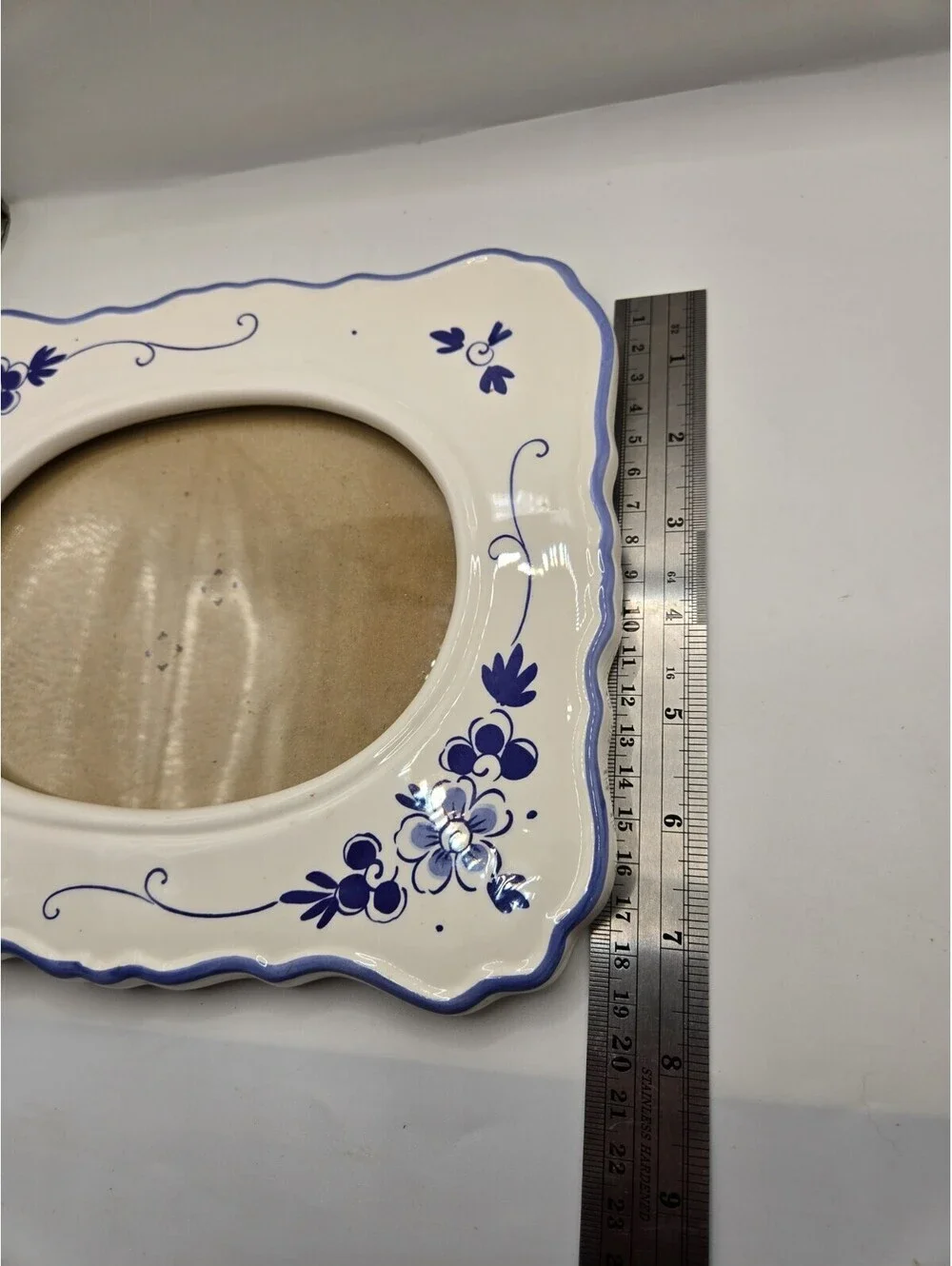 Vintage Delft Style Blue and White Ceramic Picture Frame Oval Photo Wavy Edge